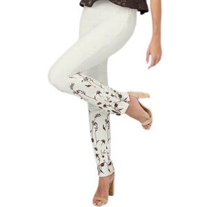 Etcetera Ivory Pants with Brown and Ivory Floral Embroidered Legs Size 2, NWT
